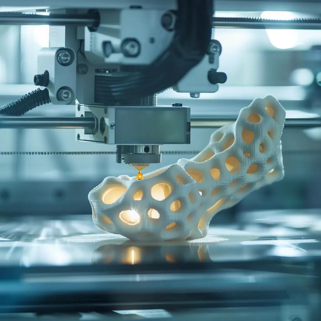 3D printer in action creating intricate parts in a modern workspace