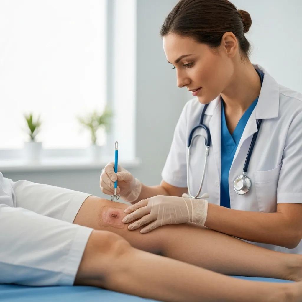 Healthcare professional examining a chronic wound in a clinical setting, emphasizing care and professionalism Healthcare professional examining a chronic wound in a clinical setting, emphasizing care and professionalism
