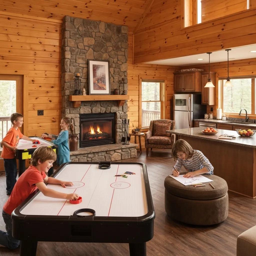 Interior of a family-friendly cabin showcasing game room and cozy living area