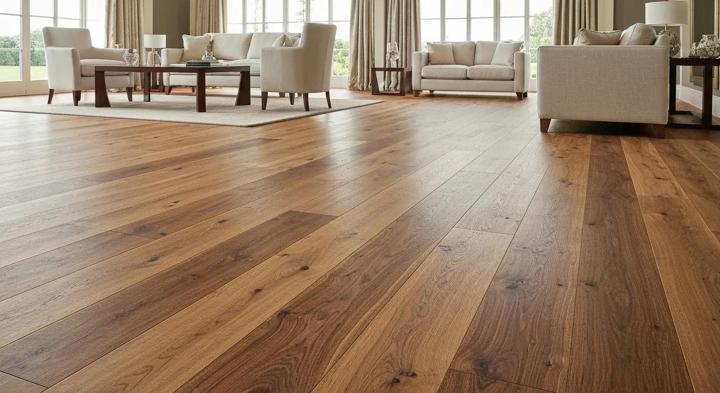 Luxurious living room showcasing the natural beauty of solid oak and walnut flooring