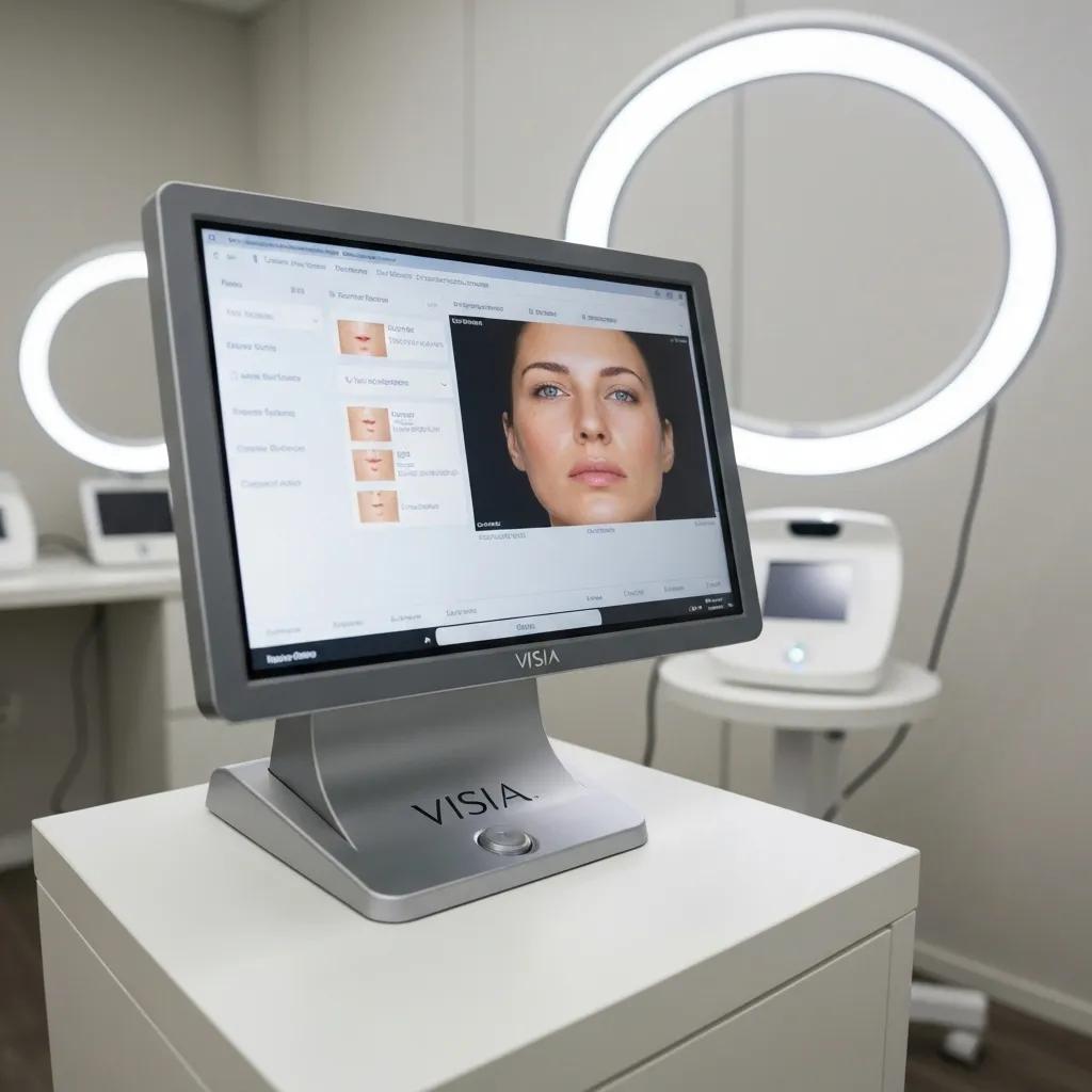VISIA skin analysis device displaying skin analysis results in a modern clinic setting