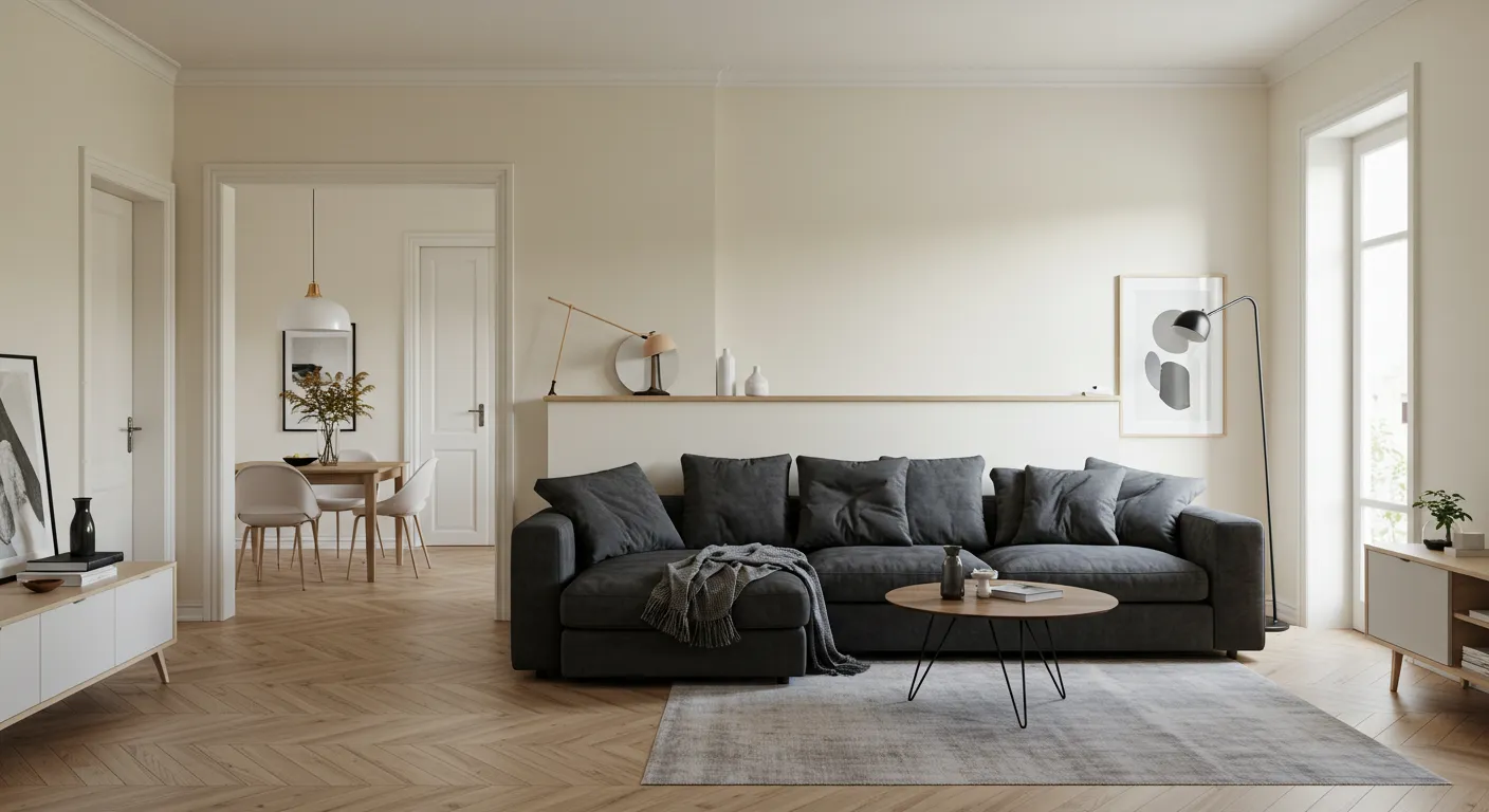 L-shaped sofa dividing an open concept room with simple, modern decor.