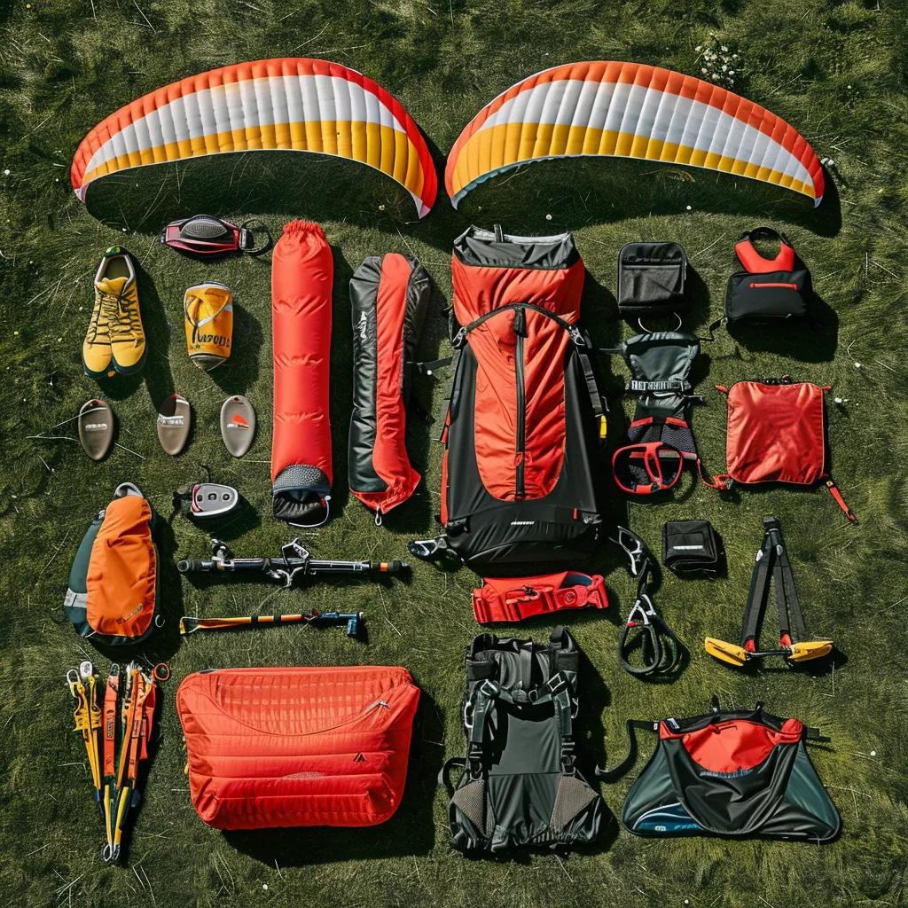 Collection of paragliding equipment including wing, harness, and safety gear on a grassy field