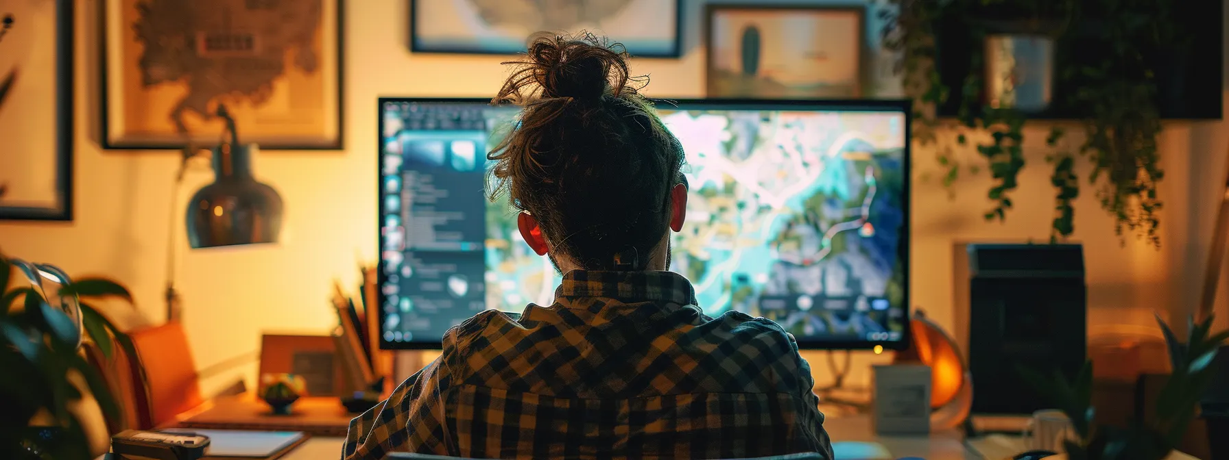 a person crafting content in front of a computer with a map of the local area on the wall.