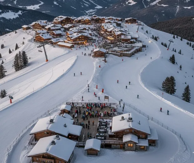 AI-generated image of a busy mountaintop ski village with skiers and long snowy trails stretching down the mountain. AI-generated image of a busy mountaintop ski village with skiers and long snowy trails stretching down the mountain.