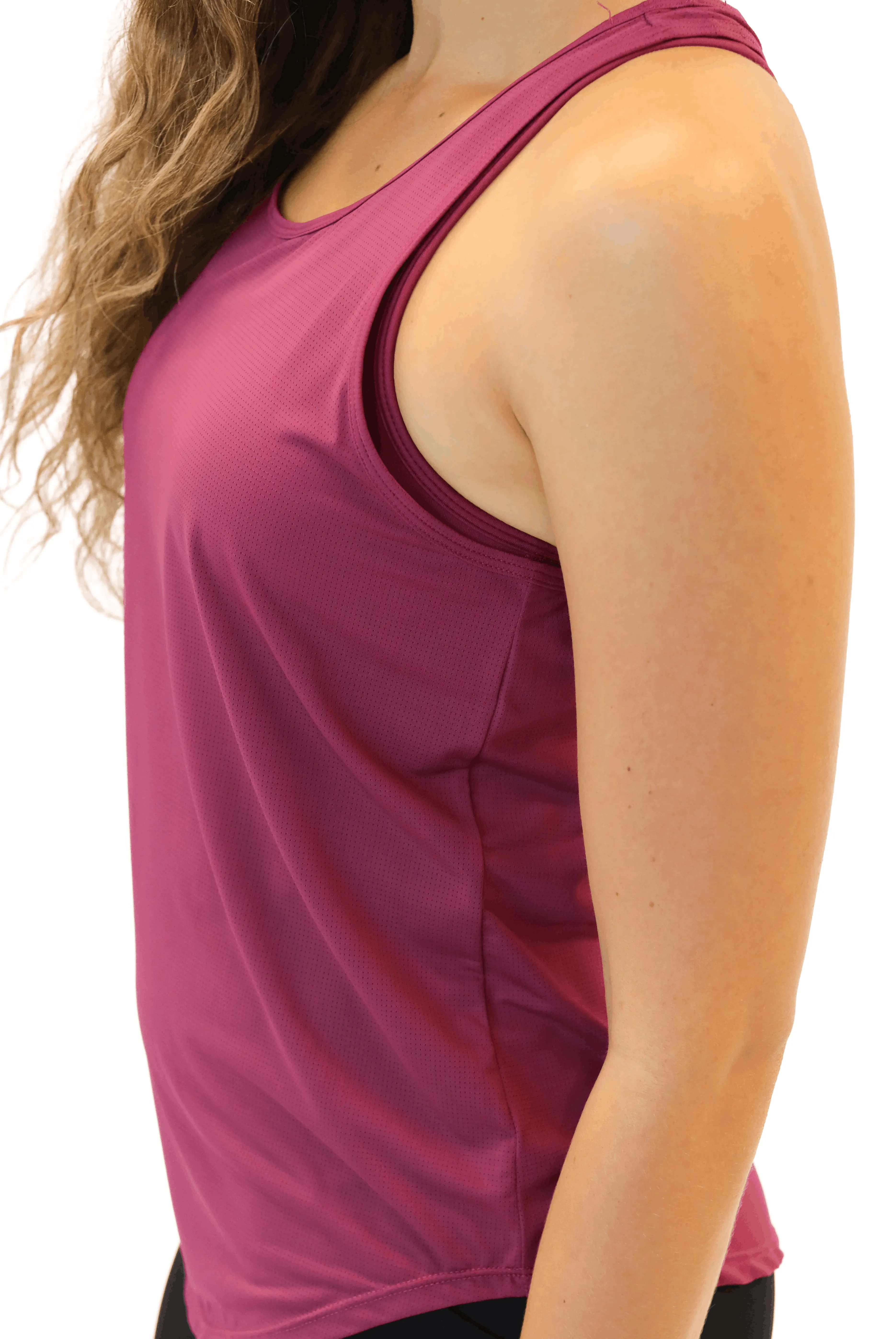 Close up of Breathetech Breezy Tank - Boysenberry fabric