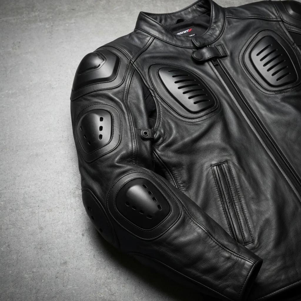 Close-up of a leather motorcycle coat highlighting CE-certified armor and quality stitching
