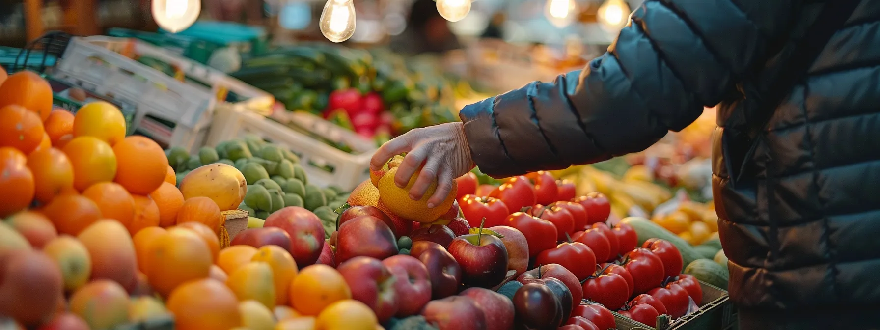 a person carefully selecting vibrant, fresh fruits and vegetables at a farmers market.