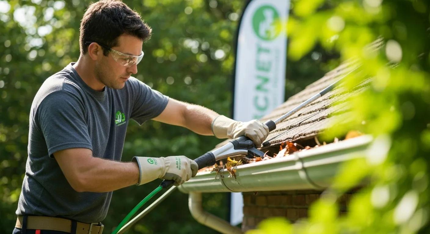 Technician using eco-friendly cleaning solutions for gutter maintenance