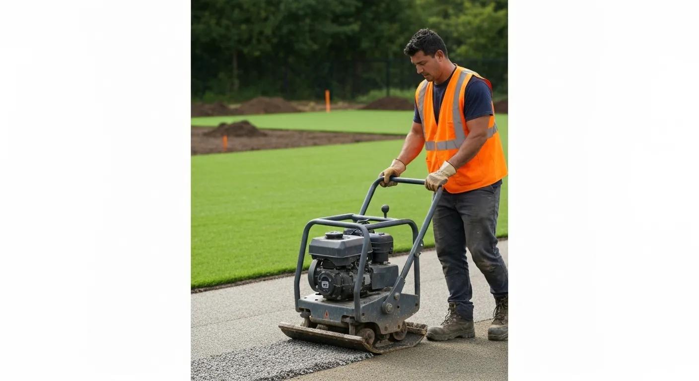 Construction worker compacting artificial turf base with a plate compactor Construction worker compacting artificial turf base with a plate compactor