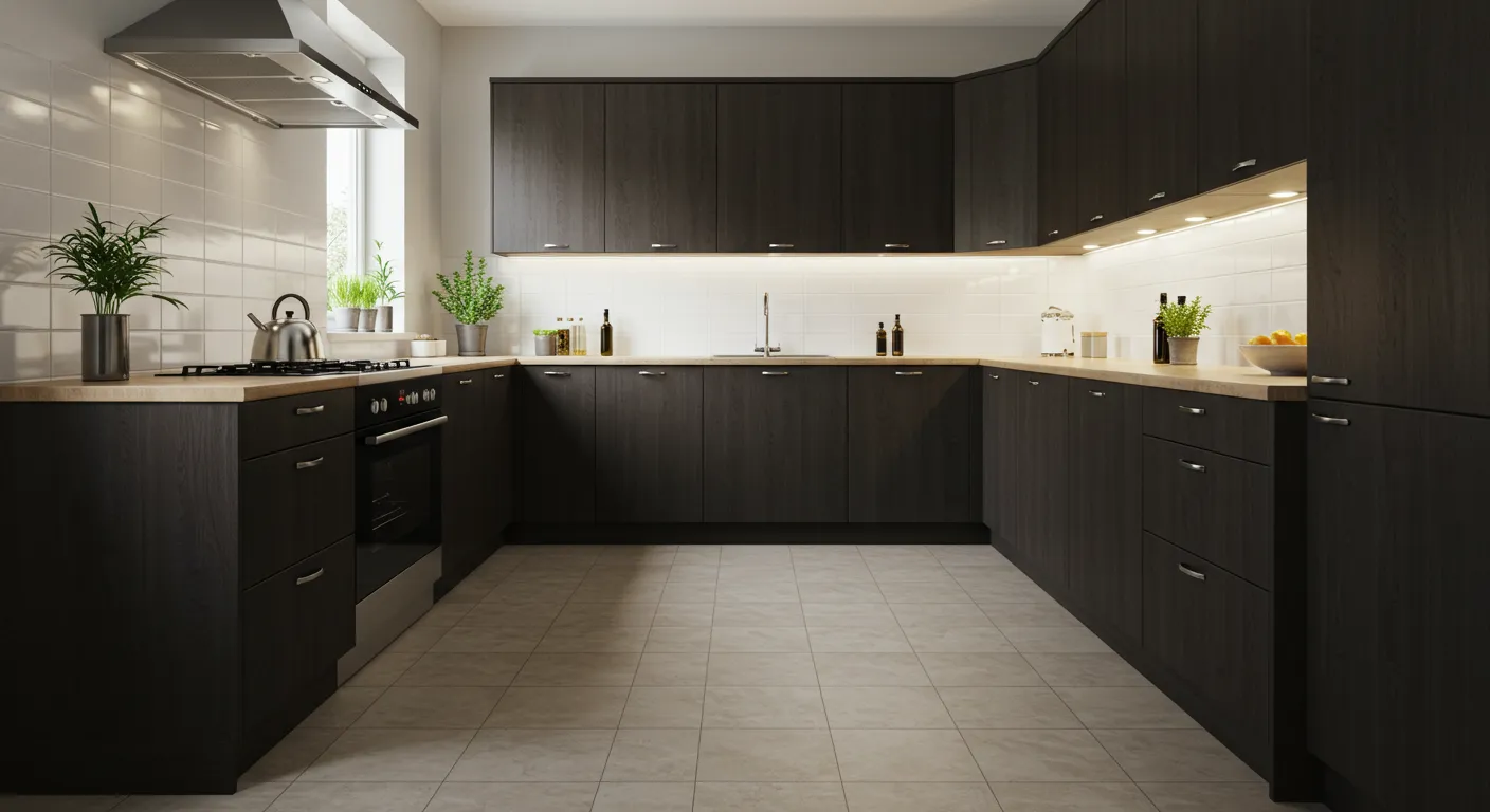 Modern kitchen with easy-to-clean and practical flooring Modern kitchen with easy-to-clean and practical flooring