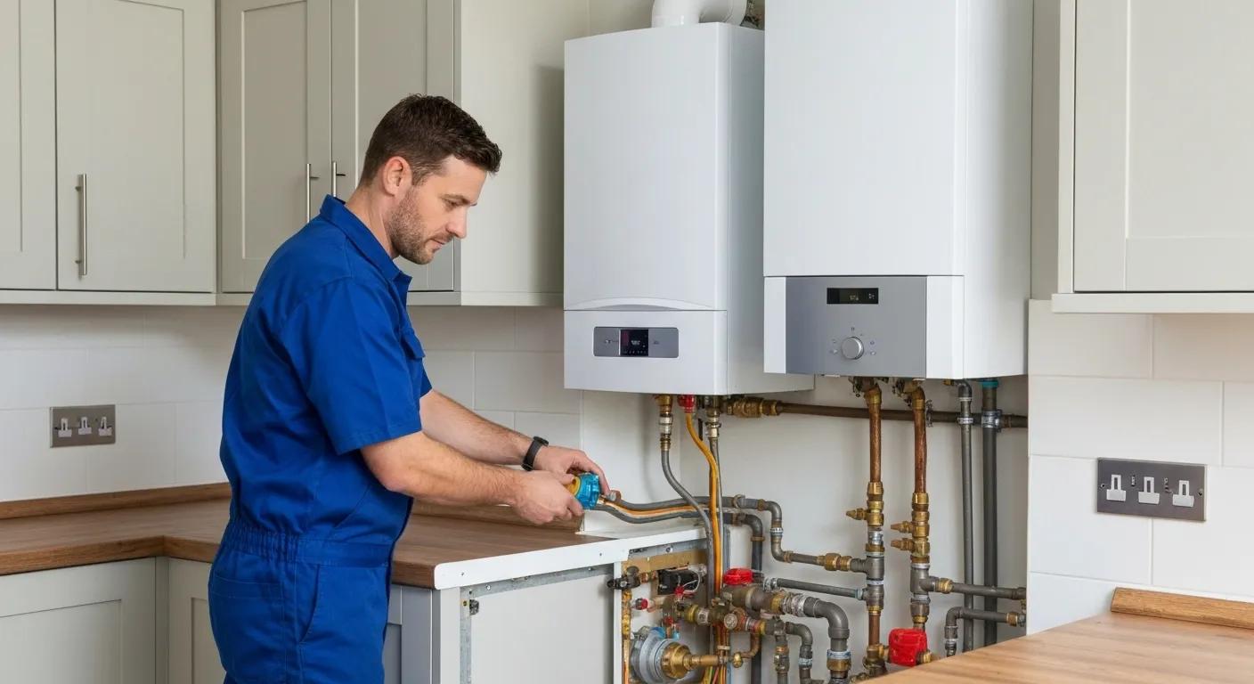 Professional heating engineer installing a new modern combi boiler in a residential kitchen, showing pipework and connections.