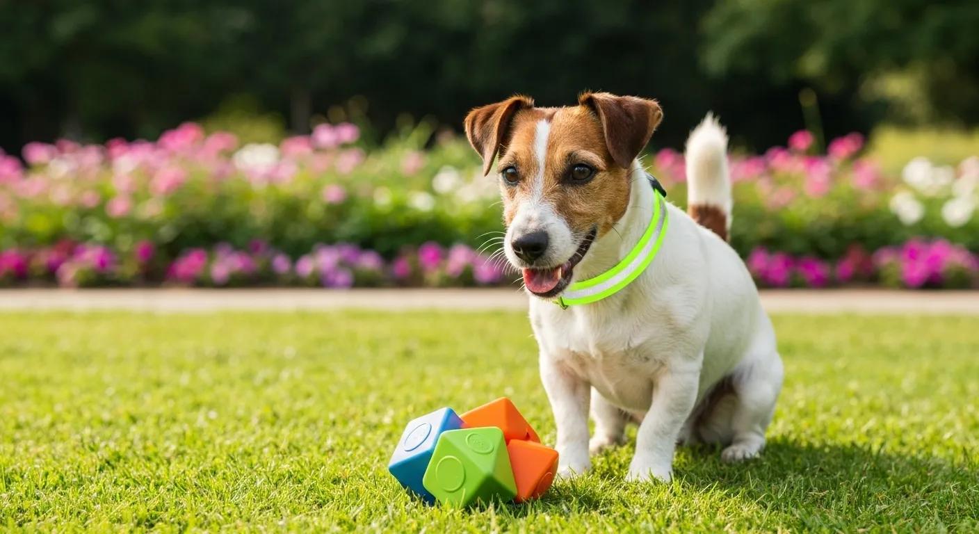 A joyful dog enthusiastically playing with a stimulating puzzle toy while sporting a highly visible reflective collar in a sun-drenched park setting.