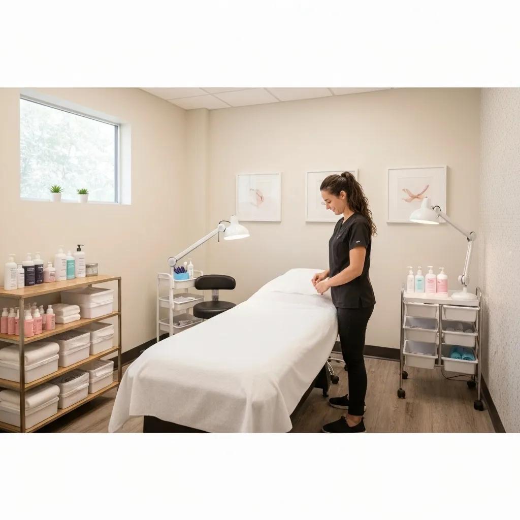 A bright and inviting interior of a Dallas waxing salon, showcasing a pristine treatment room and a friendly, professional esthetician