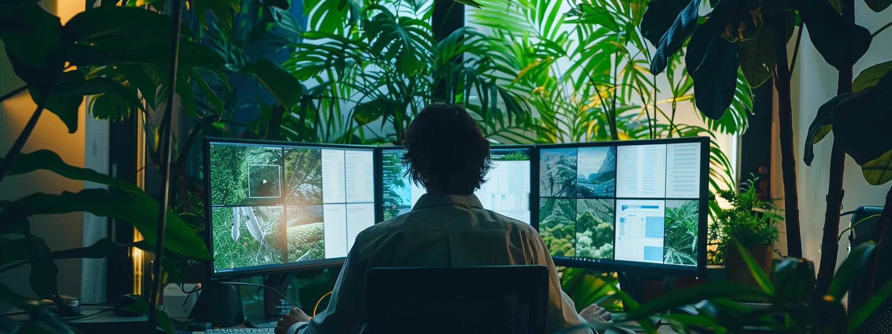 a person analyzing data on multiple screens surrounded by green plant life, symbolizing a holistic approach to seo and digital growth.