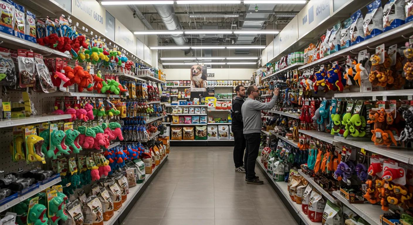 a vibrant pet store interior showcases an array of colorful, durable dog toys prominently displayed on shelves, with eager dog owners examining the selections under bright artificial lighting. a vibrant pet store interior showcases an array of colorful, durable dog toys prominently displayed on shelves, with eager dog owners examining the selections under bright artificial lighting.