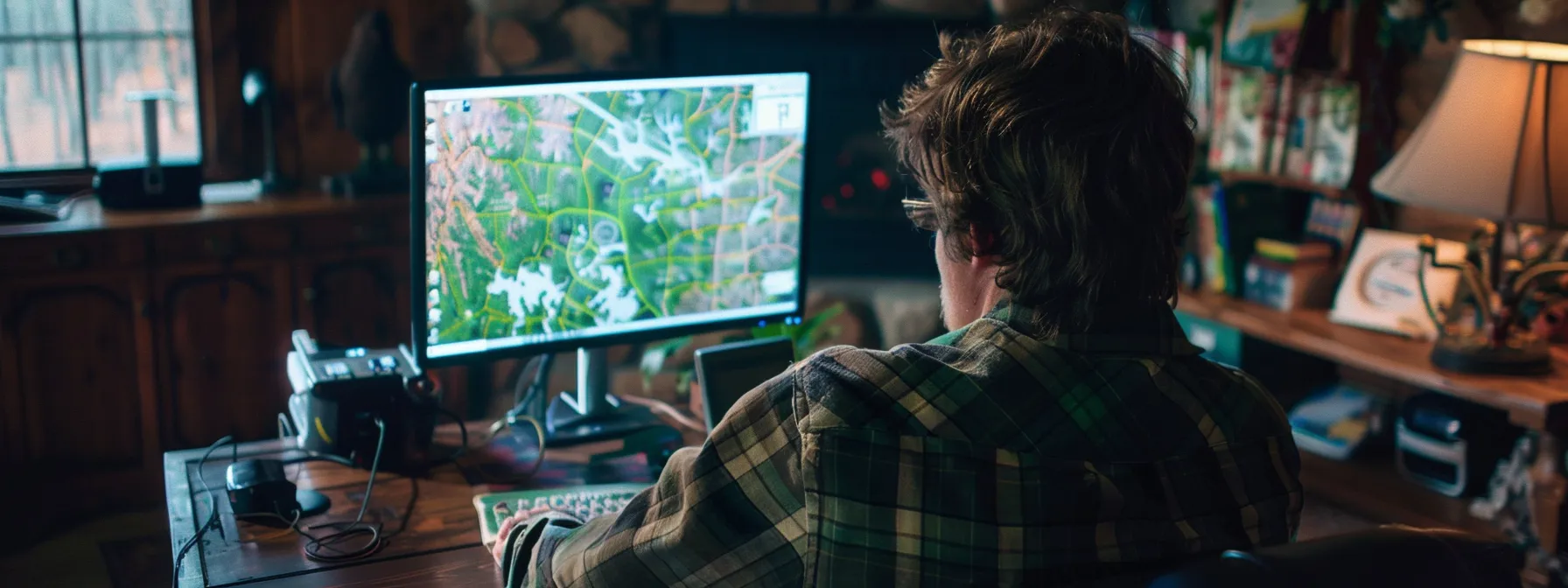 a homeowner in kentucky studying a flood zone map projected on a computer screen.