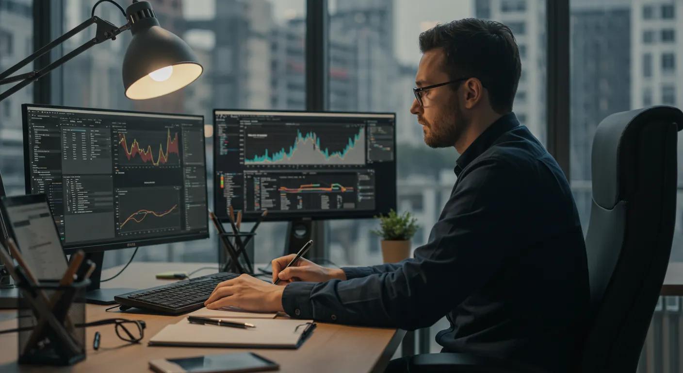 a focused digital marketer sits at an organized office desk, intently analyzing complex backlink metrics displayed on multiple screens, surrounded by productivity tools and a modern urban backdrop.