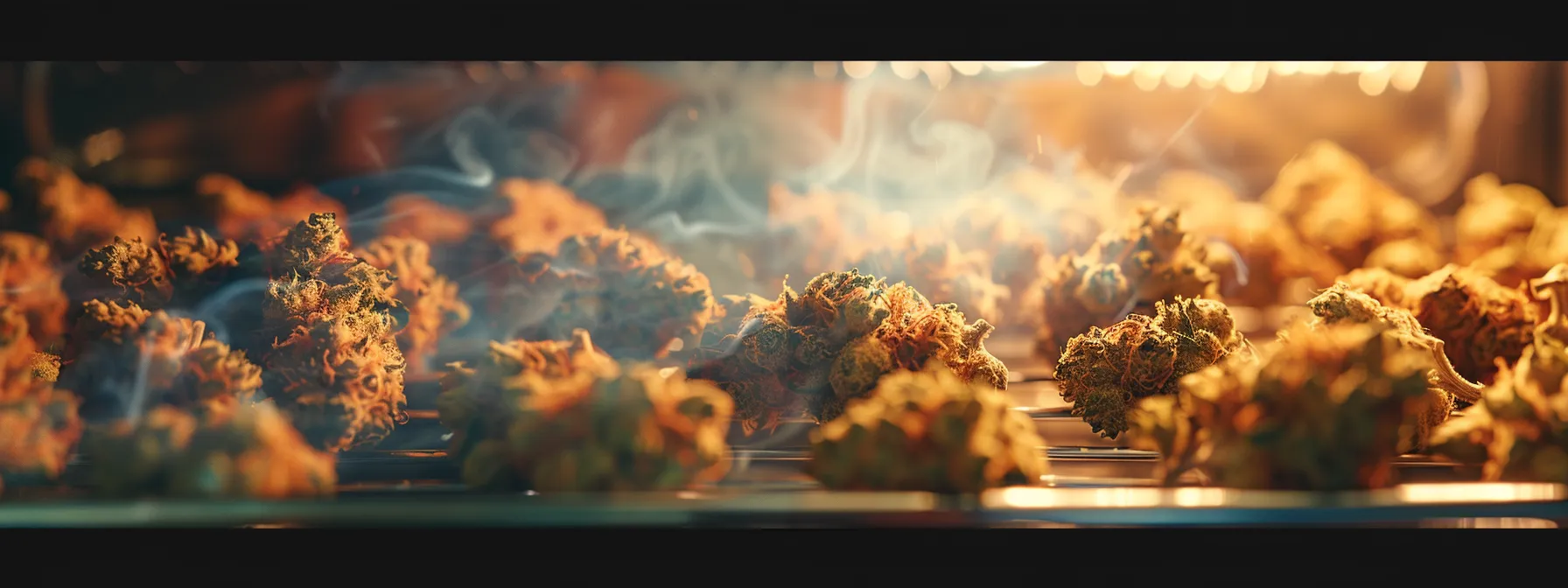 cannabis buds gently heating up in an oven, undergoing decarboxylation process.