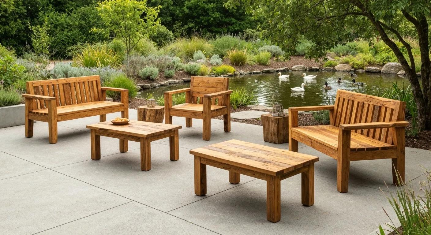 Sustainably sourced timber furniture displayed in an environmentally conscious outdoor setting, highlighting a commitment to ecological responsibility
