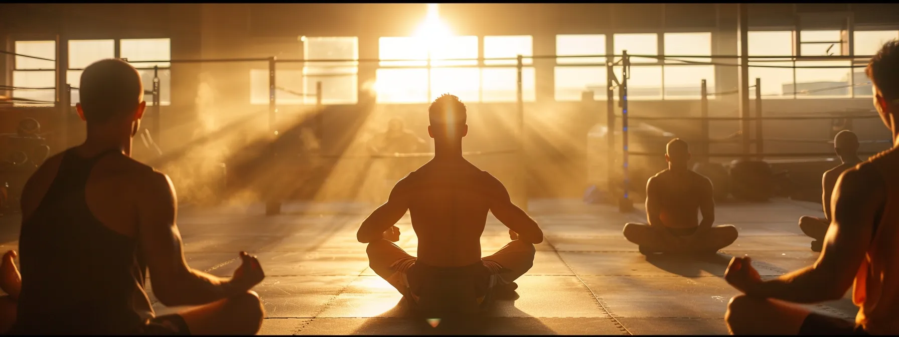 a group of people meditating before a boxing workout in a gym.