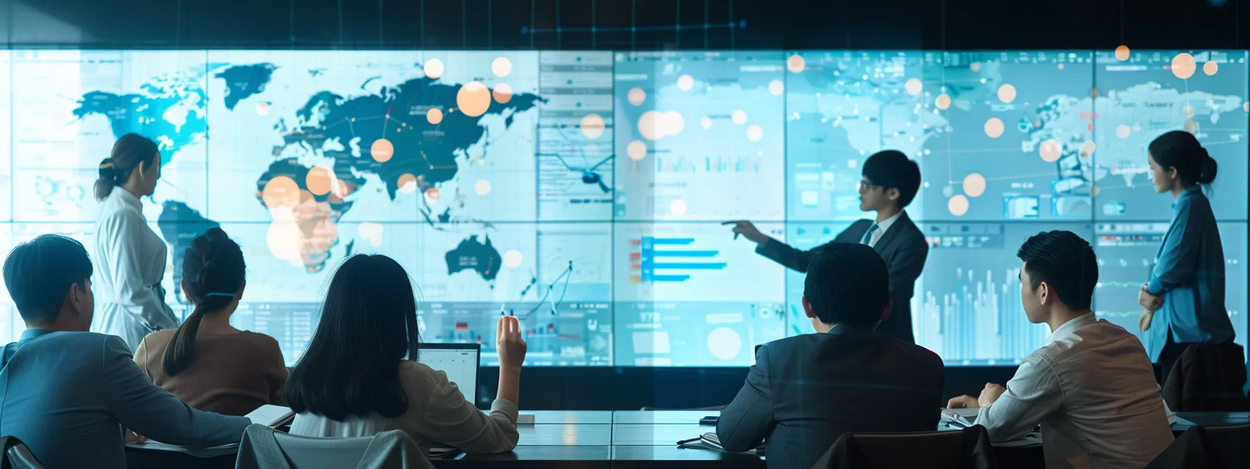 a group of diverse individuals strategizing in a modern, tech-savvy meeting room with maps and charts displayed on digital screens.