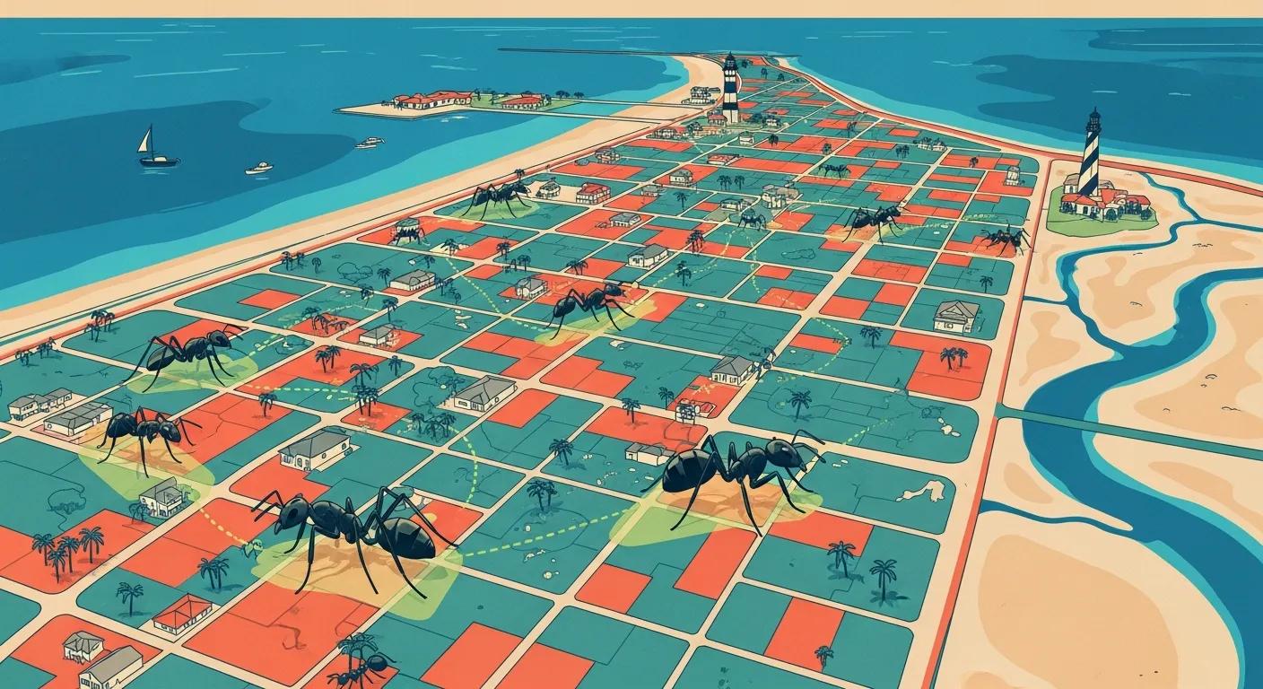 Illustration of Boynton Beach map with large ants indicating infestation areas, highlighting pest control focus on ant management.