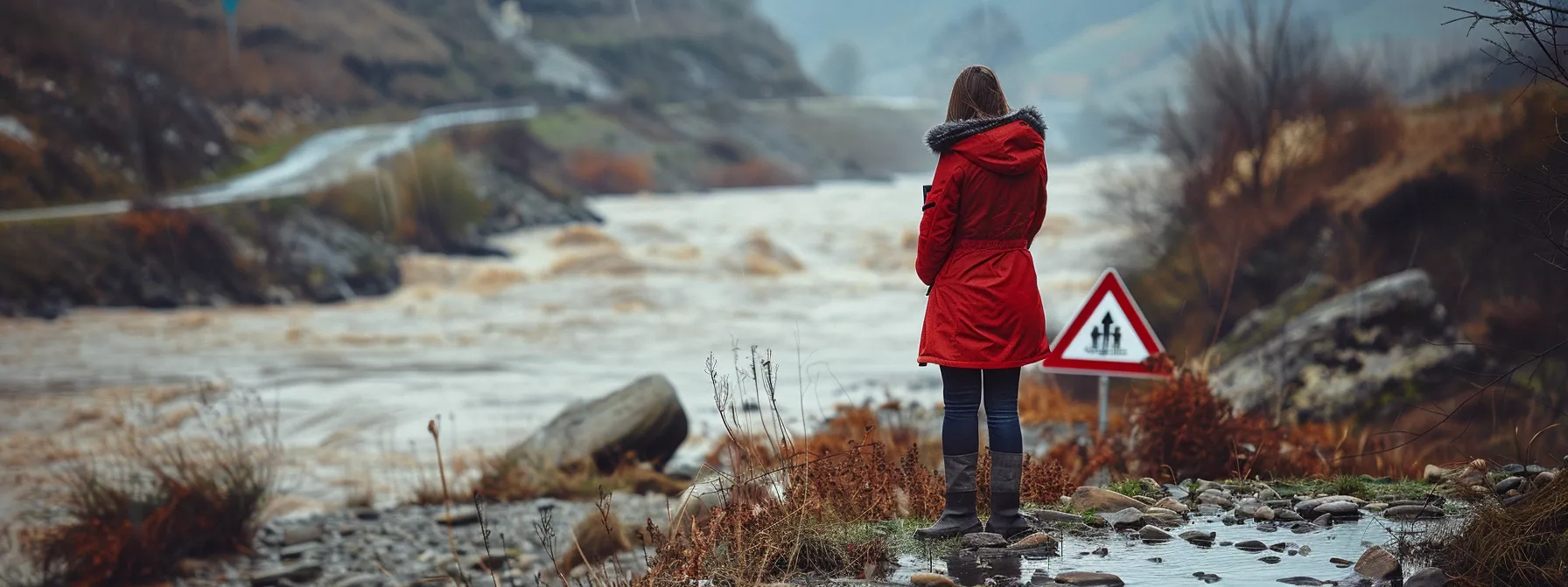 a person standing on a hill overlooking a river with warning signs for flooding.