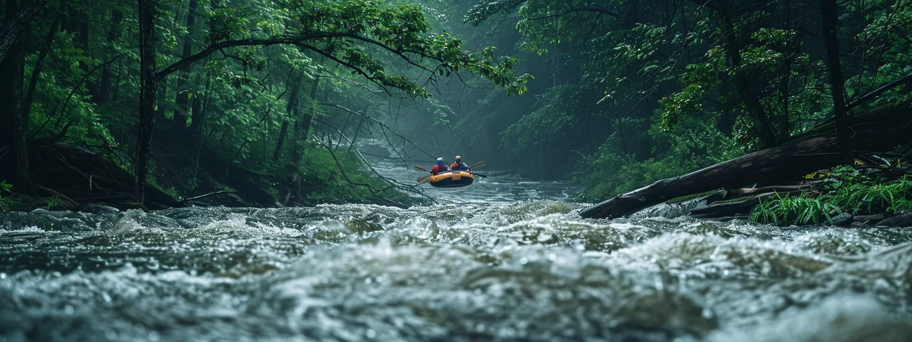 tubing down the ocoee river under a light rain, surrounded by lush greenery and fast-flowing water.