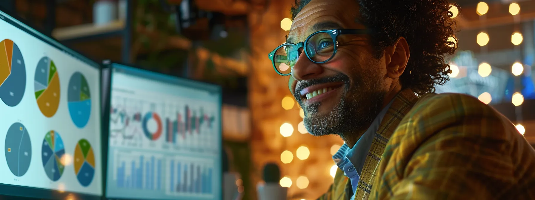 a small business owner, surrounded by charts and graphs, smiles confidently as they analyze successful holistic seo strategies on a computer screen.