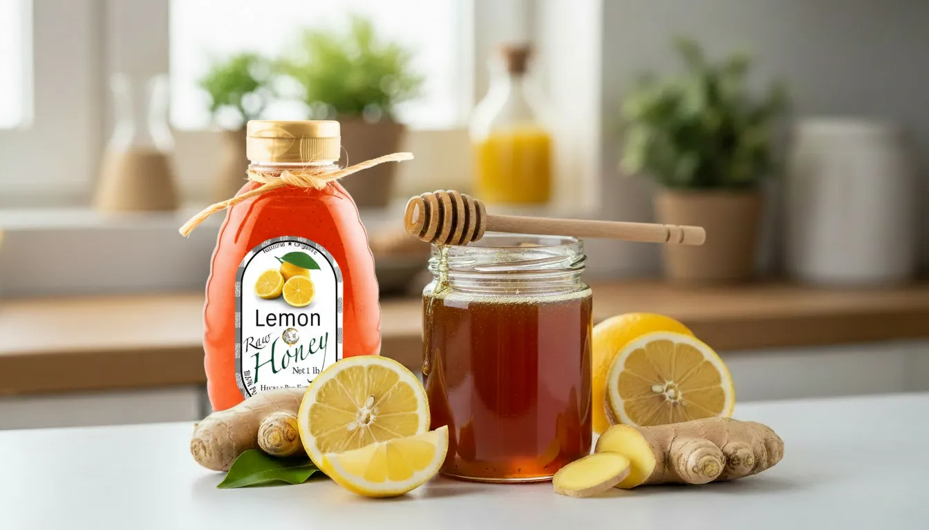 Jar of raw honey with a wooden dipper, fresh lemon slices and ginger on a cozy kitchen counter