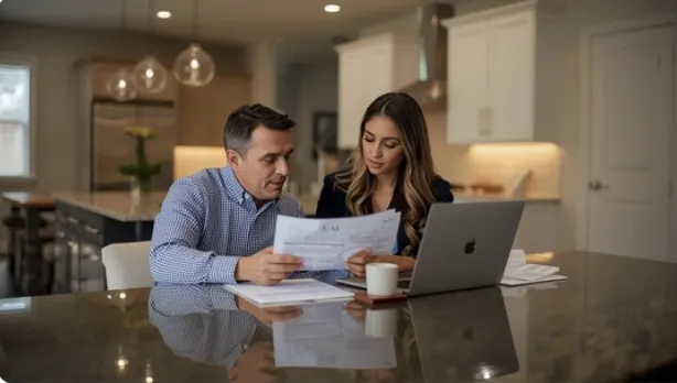 Veteran homebuyer reviewing a VA appraisal report and repair estimates Veteran homebuyer reviewing a VA appraisal report and repair estimates