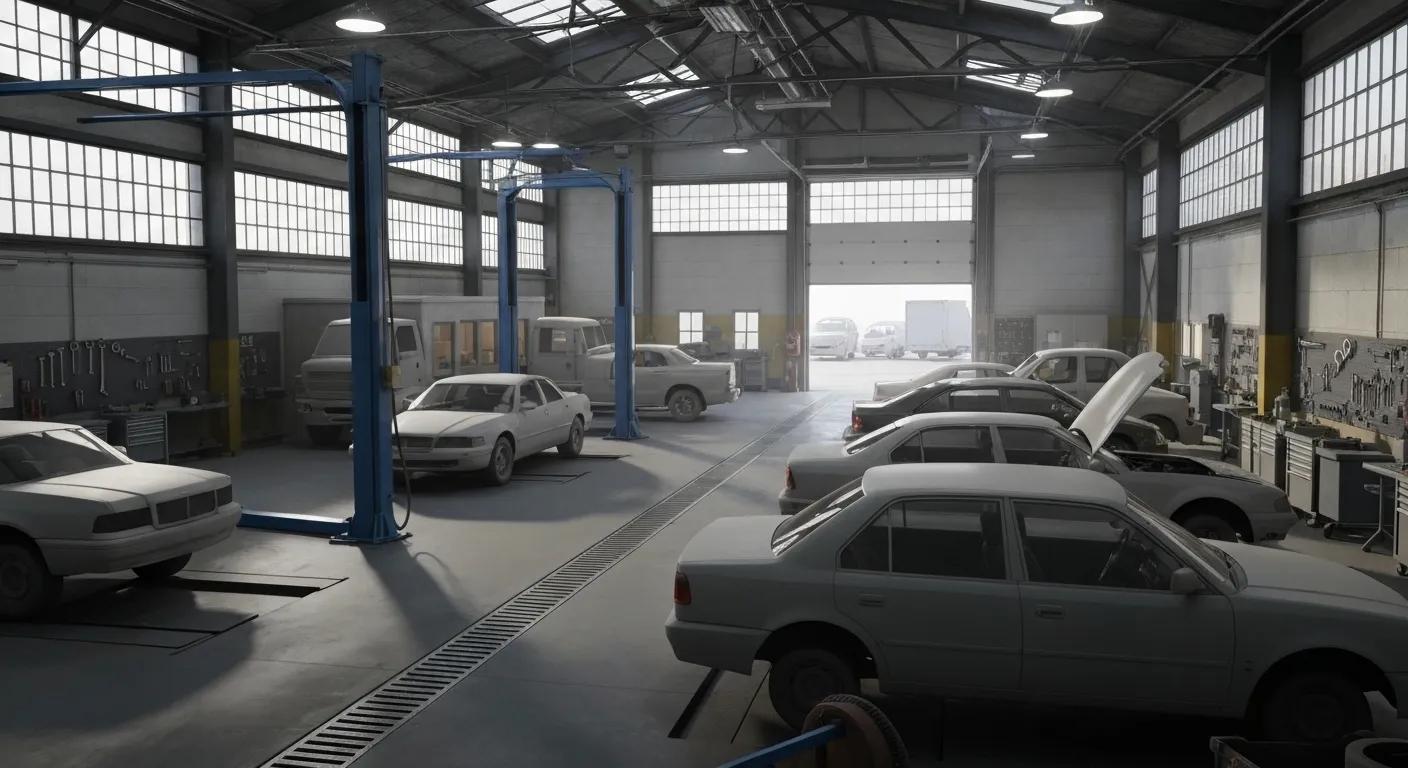 A hyper realistic picture of a car repair garage, no humans, animals or text