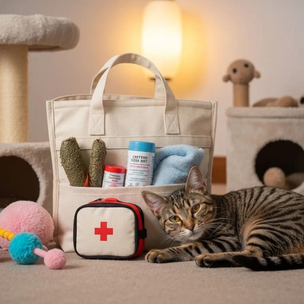 Contents of a pet emergency kit including food, water, and a carrier