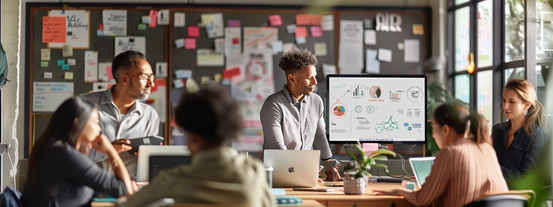 a diverse group of professionals collaborating on a content marketing strategy in a modern office setting, with laptops, notebooks, and a whiteboard filled with ideas.