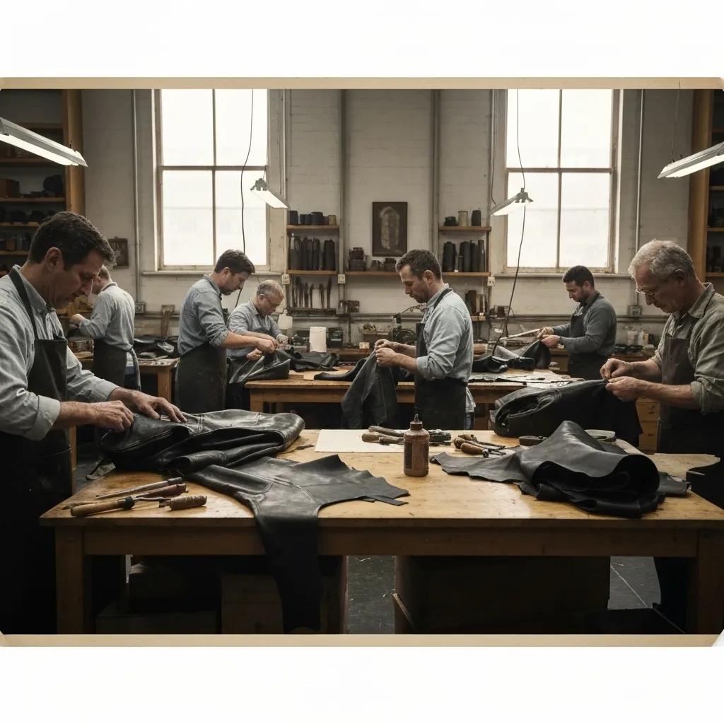Skilled artisans crafting union-made leather jackets in a dedicated workshop