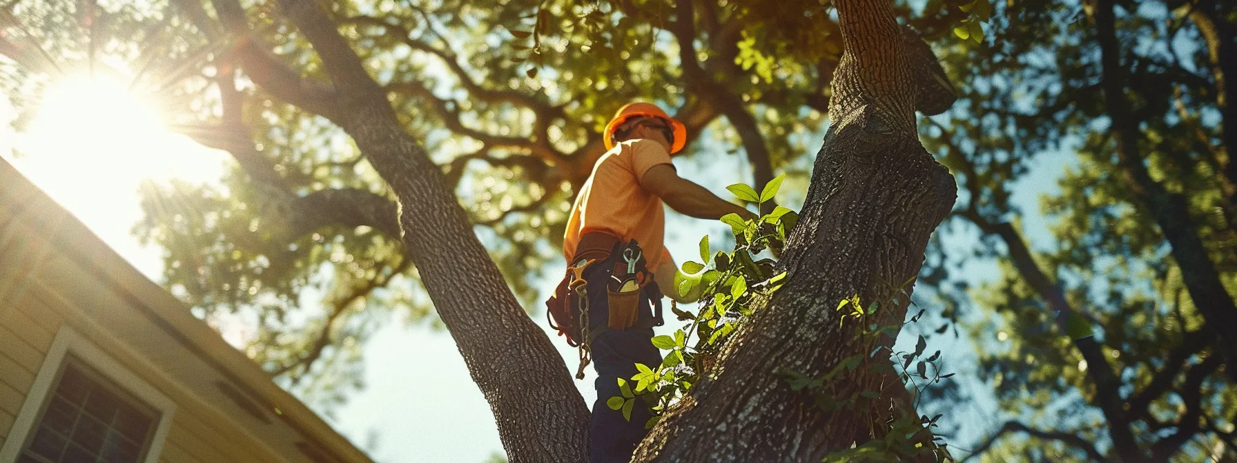 a tree trimmer assessing the health of a tree in a residential backyard.