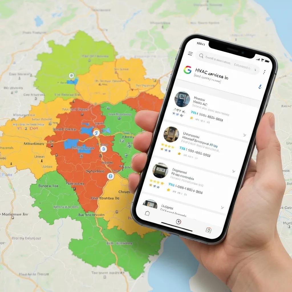 Map with highlighted local areas and smartphone displaying HVAC search results Map with highlighted local areas and smartphone displaying HVAC search results