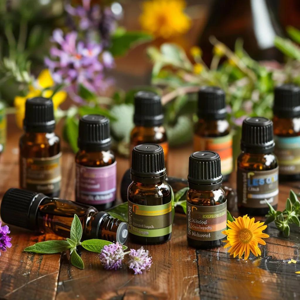 Aesthetic arrangement of essential oil bottles with fresh herbs and flowers, highlighting natural ingredients