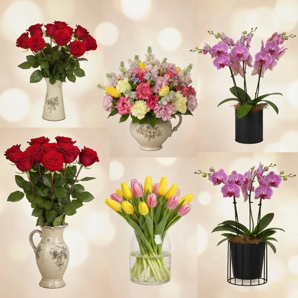 Diverse flower arrangements including roses, tulips, and orchids for same-day delivery