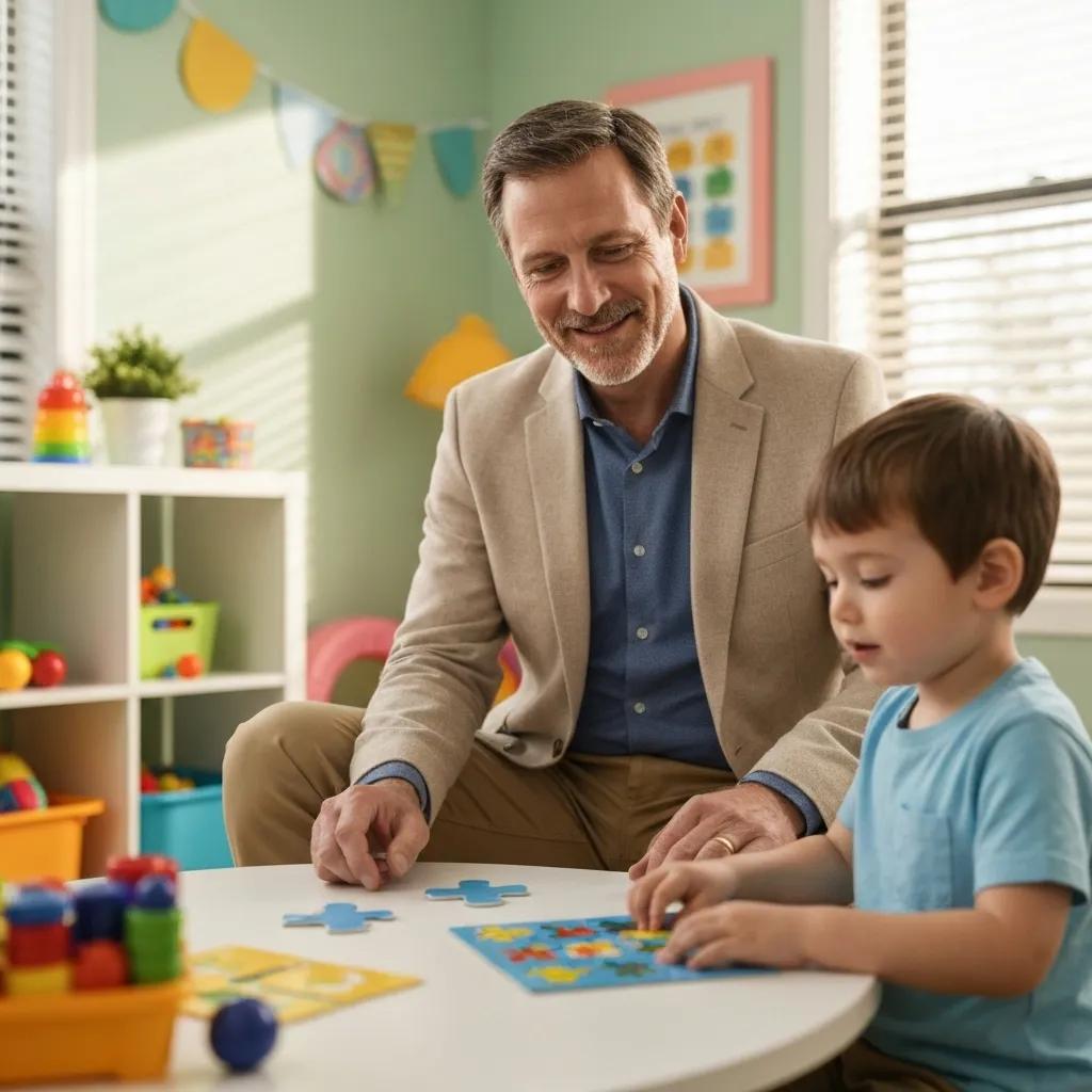 Licensed ABA therapist interacting with a child in a supportive therapy environment