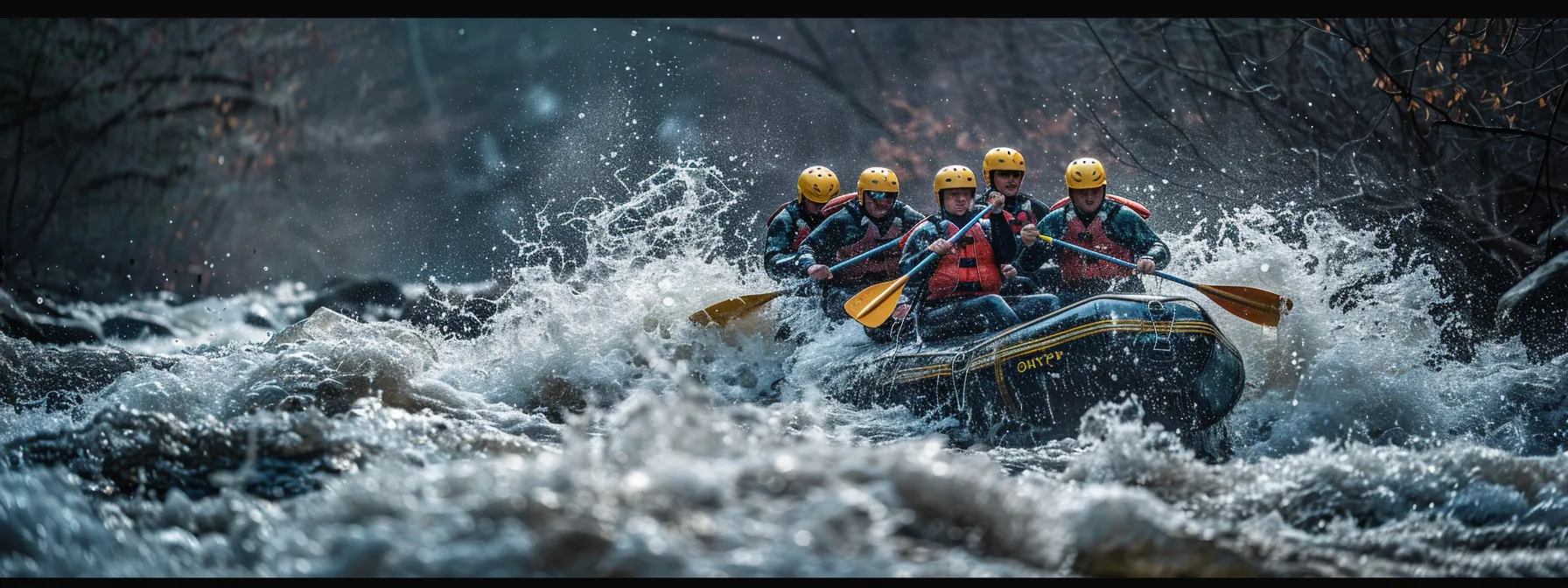 a group of adventurous rafters battling through class iii and iv rapids on the ocoee river, equipped with swimsuits and layers of warm wool clothing, paddling skillfully with essential gear secured tightly.