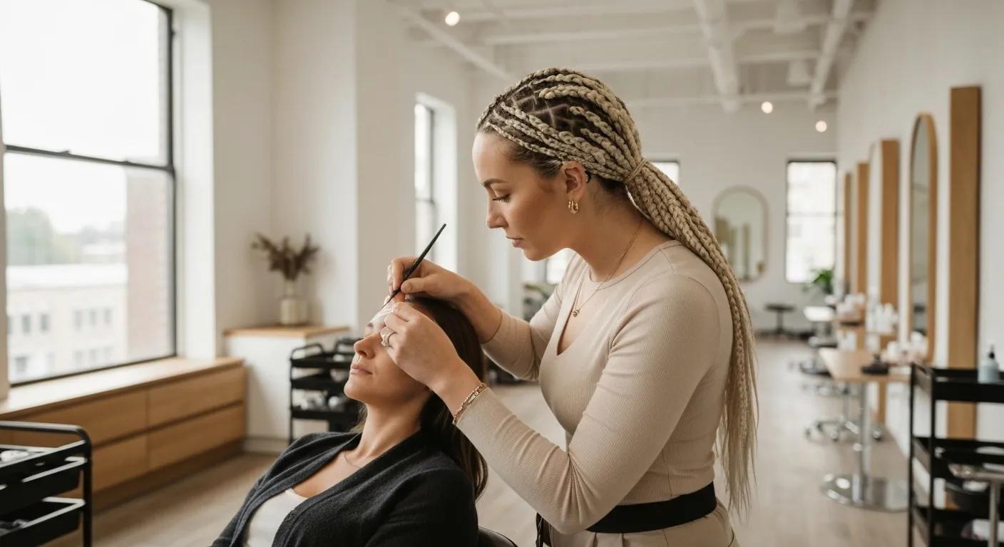 Professional esthetician applying eyebrow tint in a modern Brooklyn salon.
