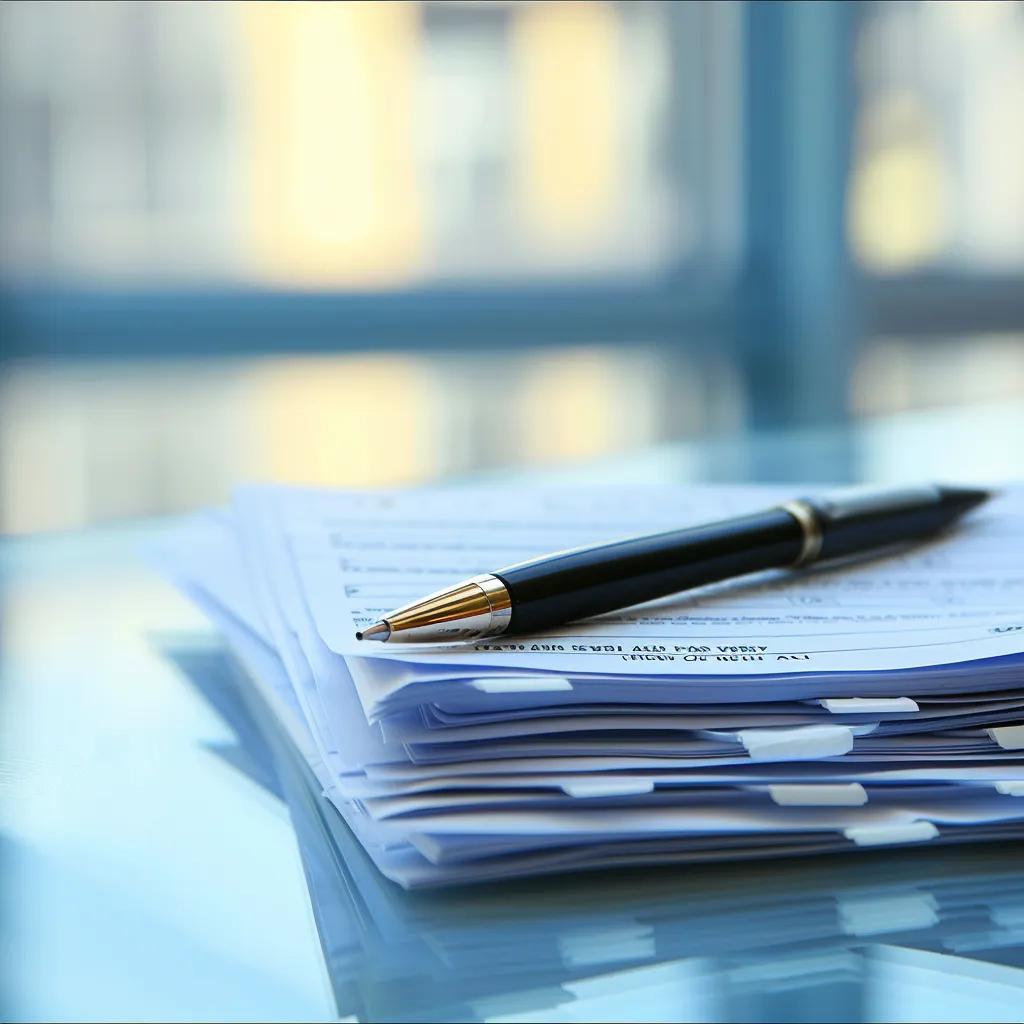 Colorful stack of carbonless forms with a pen in a professional business setting