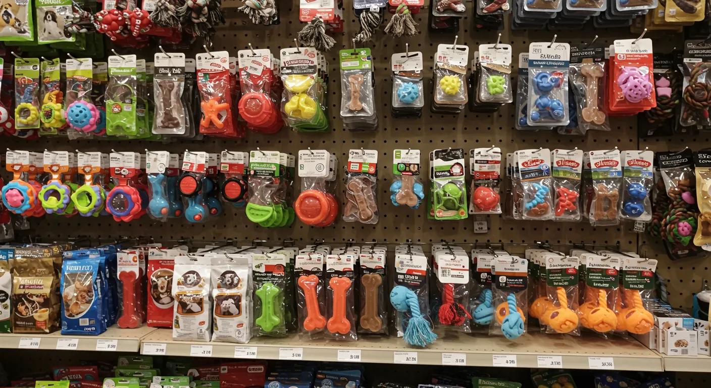 a vibrant pet supply store shelf displays an array of safe, colorful dog toys made from non-toxic materials, creating a visually appealing scene that emphasizes the importance of choosing healthy chews for dogs. a vibrant pet supply store shelf displays an array of safe, colorful dog toys made from non-toxic materials, creating a visually appealing scene that emphasizes the importance of choosing healthy chews for dogs.