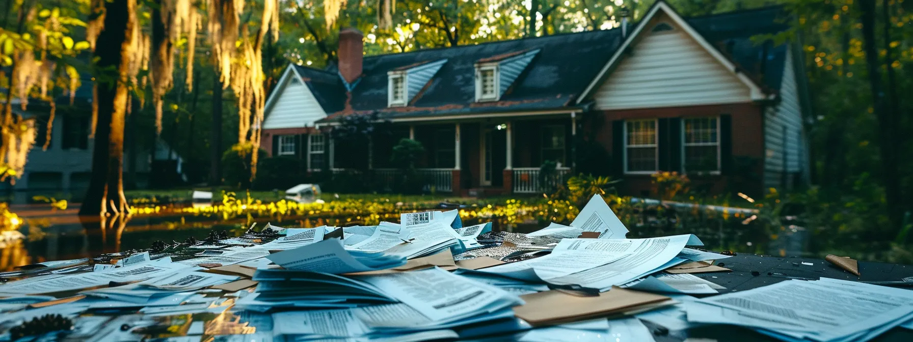 a house in savannah surrounded by elevated land and flood insurance documents scattered on a table.