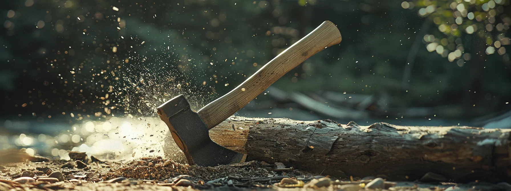 a rugged hickory-handled wood splitting axe poised to strike a large log, showcasing power and efficiency in action.