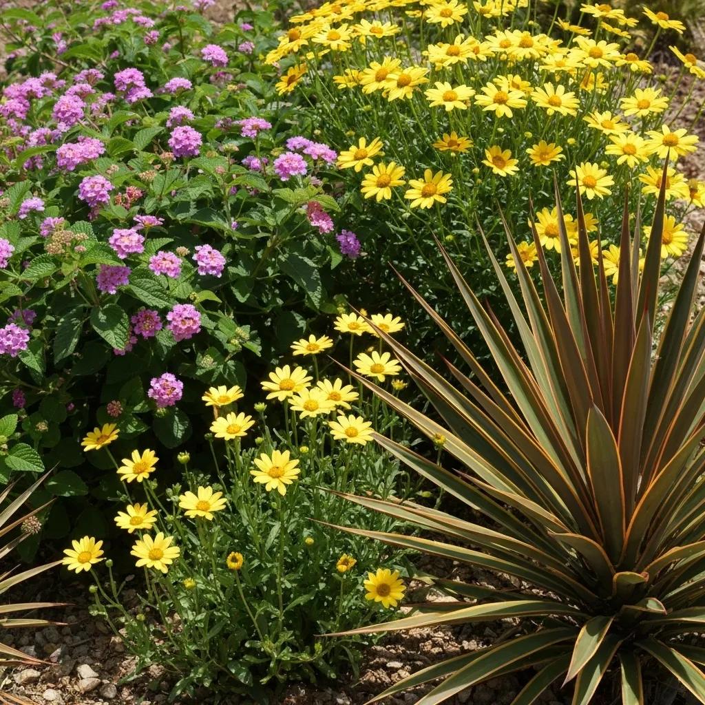 Close-up of drought resistant plants including Lantana camara and Red Yucca in a sunny garden