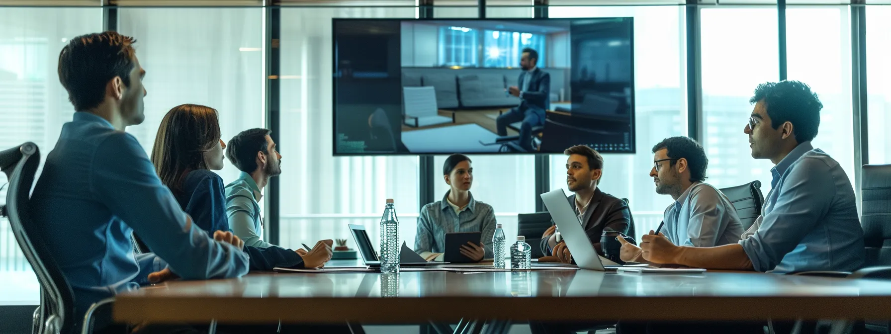 a team of experts discussing hotel pager system integration in a conference room.