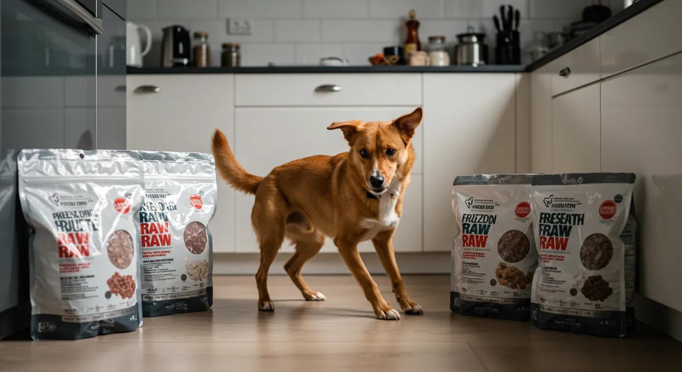 a vibrant, healthy dog energetically playing in a sleek, modern kitchen, surrounded by bags of freeze-dried raw dog food, showcasing its shiny coat and strong muscle tone, emphasizing the benefits of a nutritious diet.